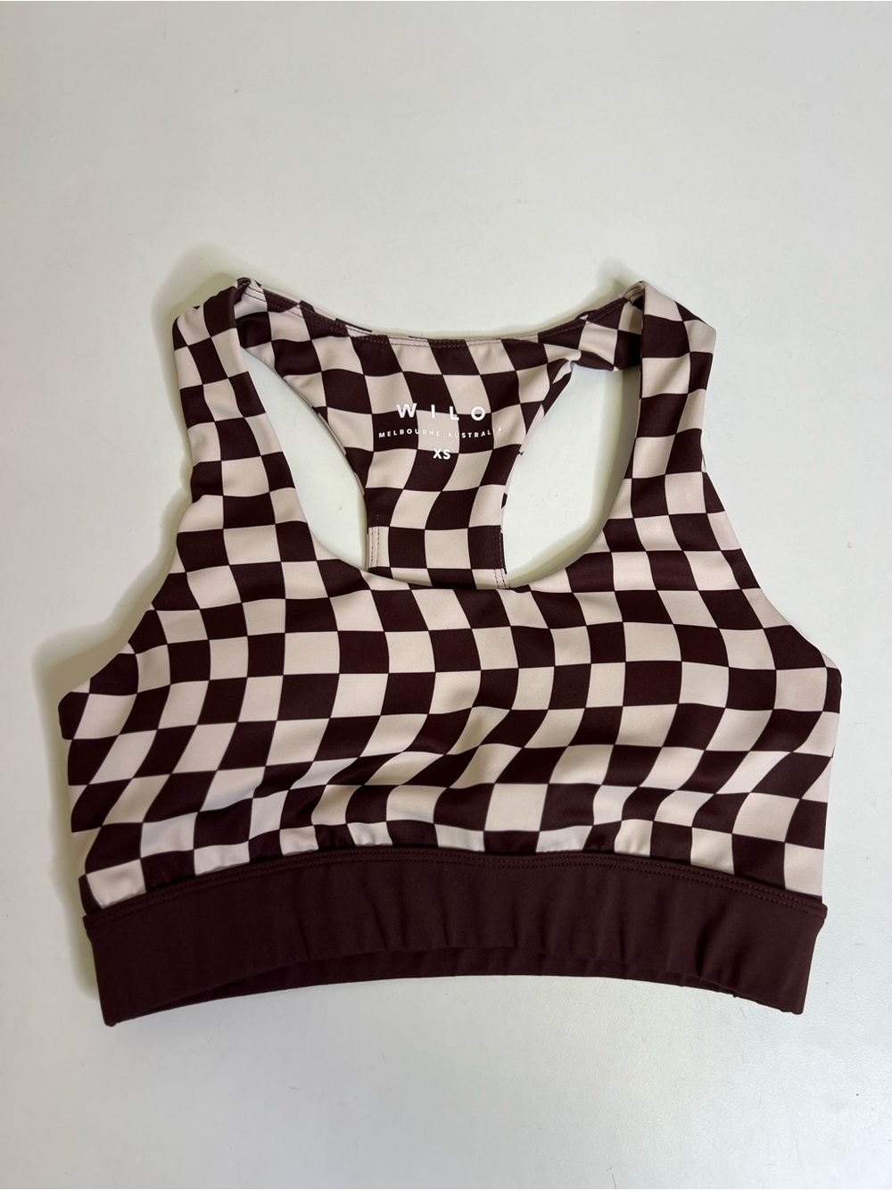 WILO Checkerboard Racerback Sports Bra in Chocolate/Clay - Size XS